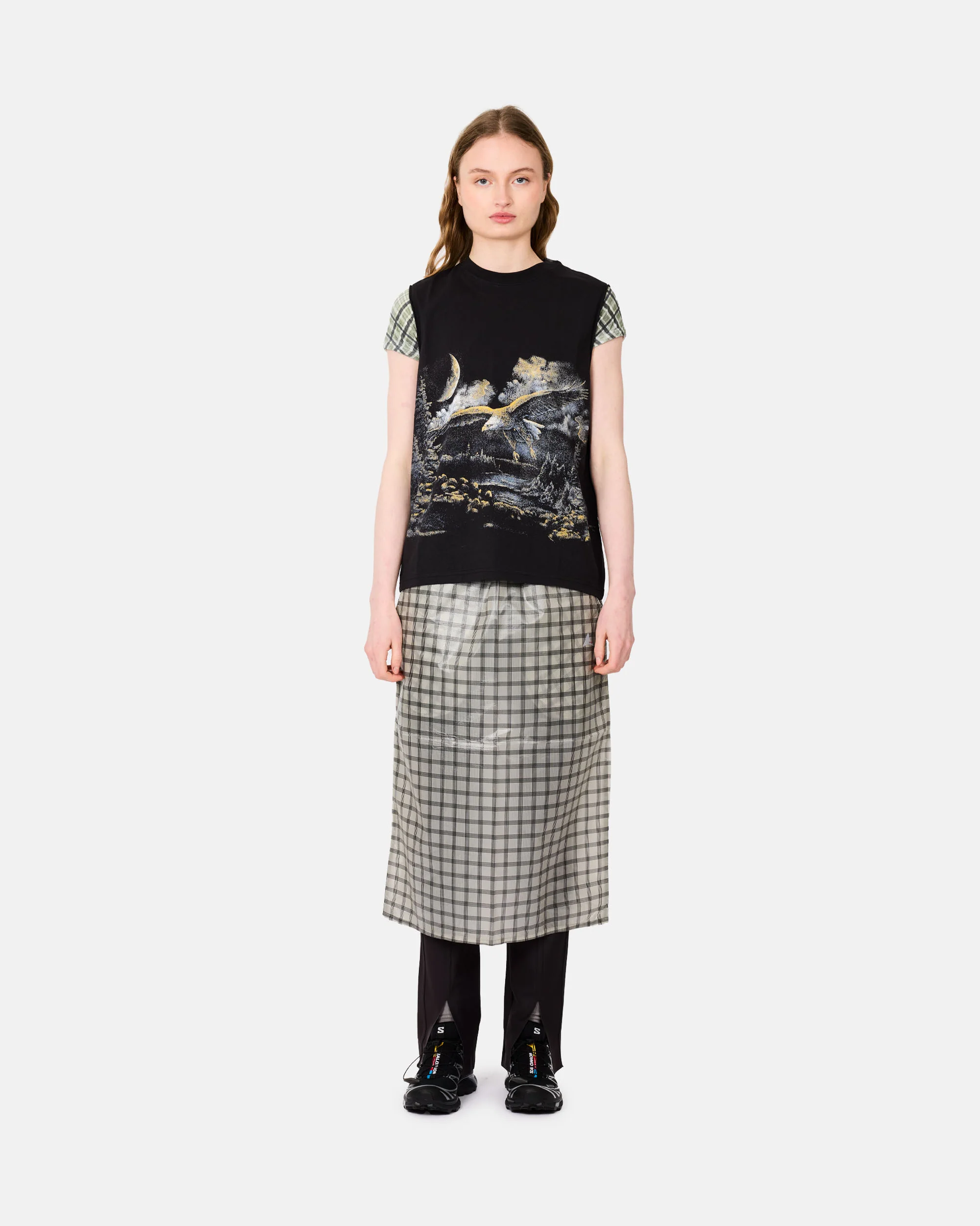 Nia See Through Printed Check Mid Skirt - Image 2