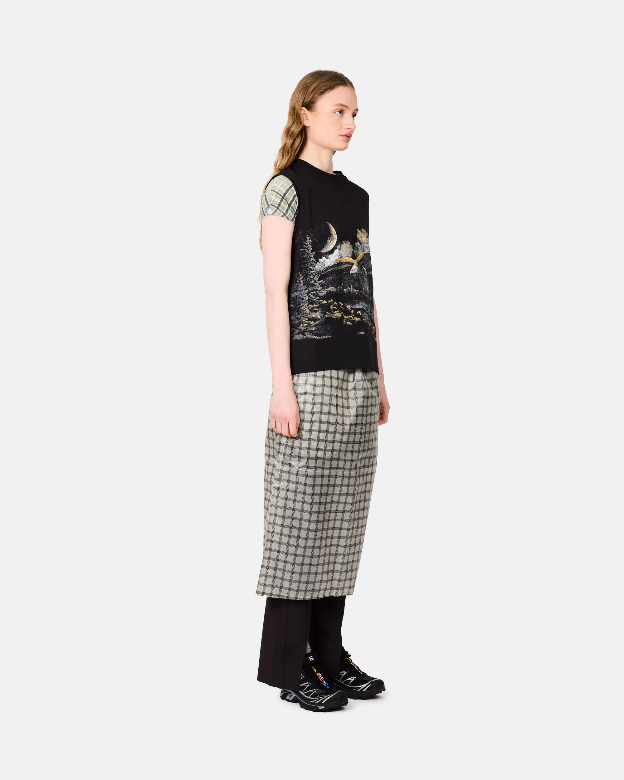 Nia See Through Printed Check Mid Skirt - Image 3